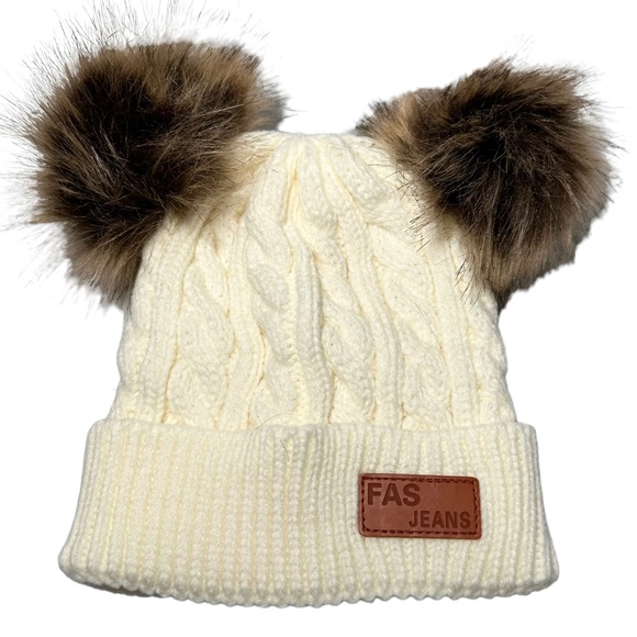 FAS Jeans Beanie OS Off White Double Pom Cable Knit Wool - Picture 3 of 8